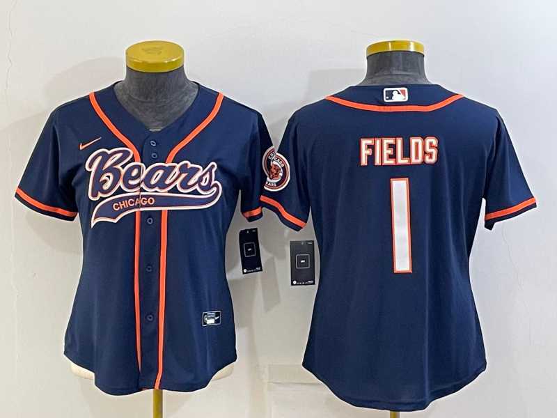 Womens Chicago Bears #1 Justin Fields Navy With Patch Cool Base Stitched Baseball Jersey